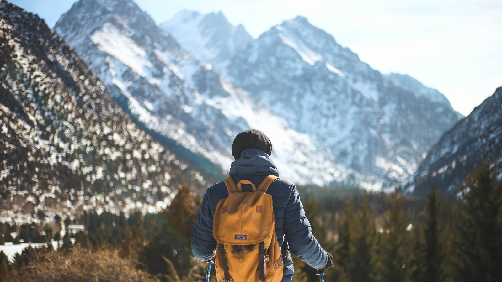 men s blue leather jacket and brown backpack