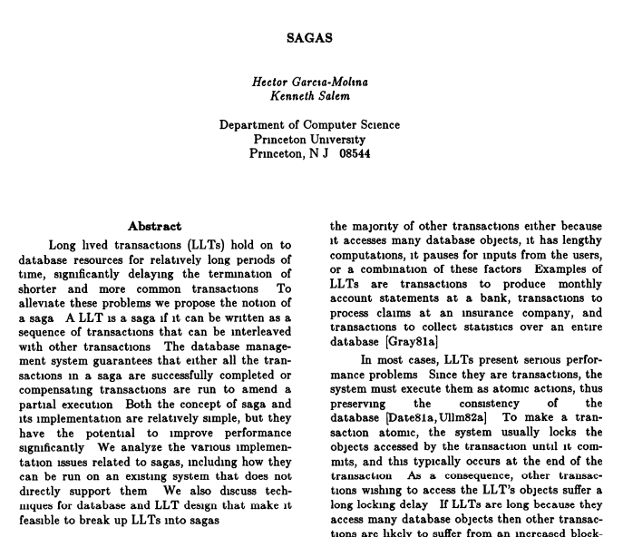 Paper de 1987 que inicia a definição do SAGA baseado em Long Lived Transactions (LLTs)