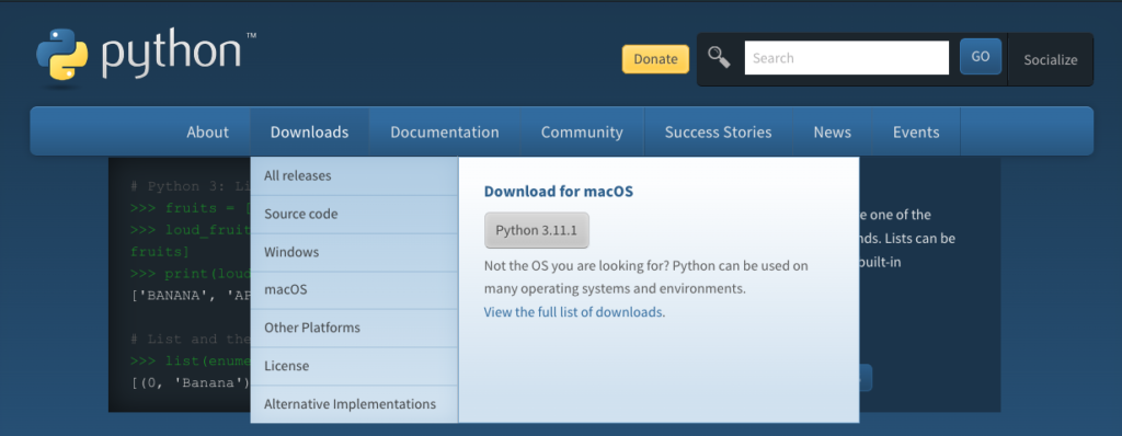 Download do Python diretamente no site da linguagem.